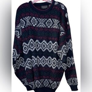 Vintage Men's Patterned Sweater - Black and White XL